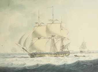 H.M.S. Thisbe Running Down the Channel Under Reduced Sail in the Choppy Conditions, with Other Shipping Nearby